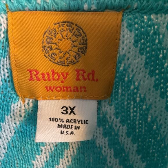 Ruby Rd Cardigan Women's SZ 3X Open Turquoise &White Fringe Hem Long Sleeve - Picture 2 of 10